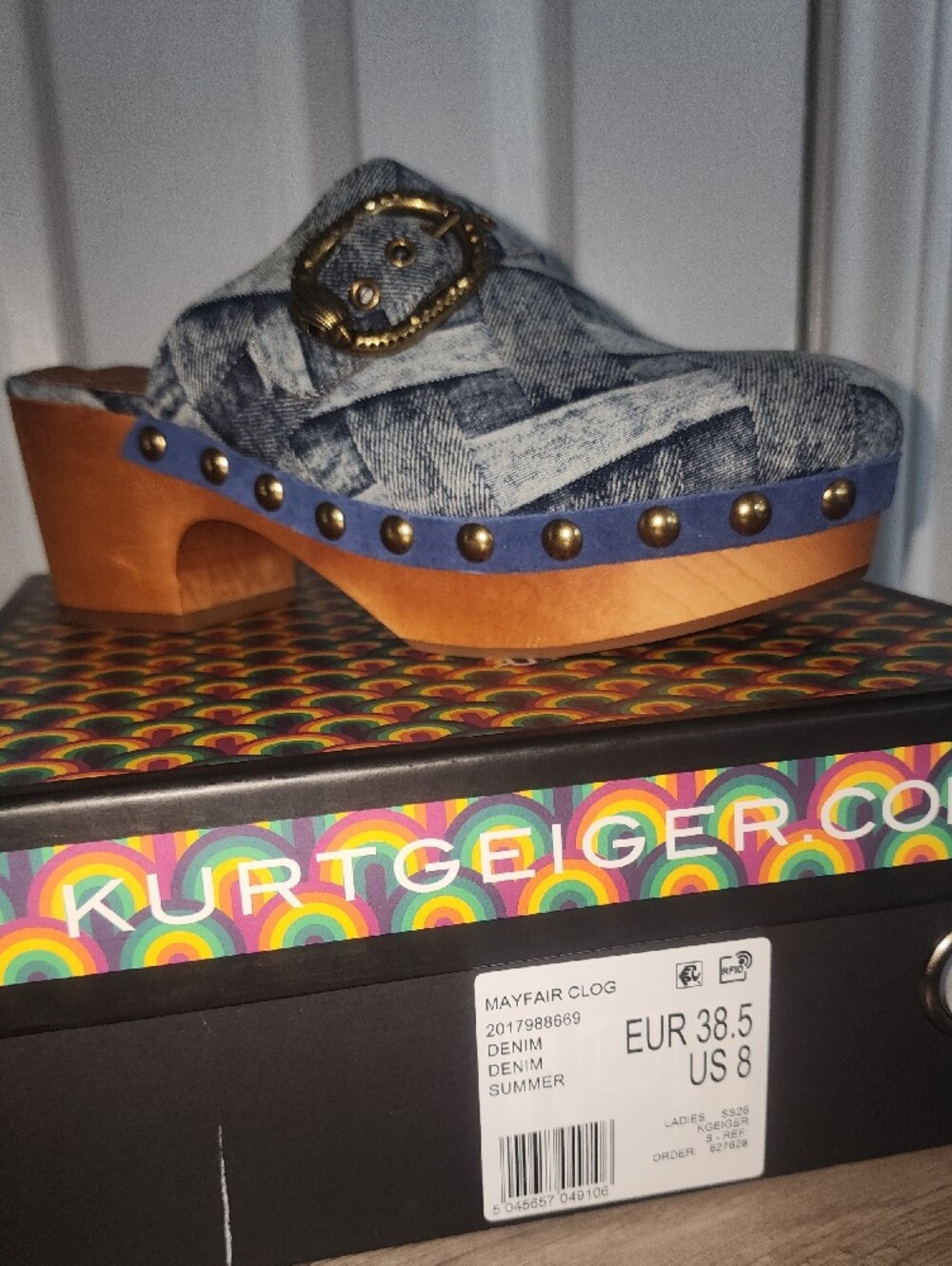 Kurt Geiger Denim-Patterned Clog with Gold Buckle - Picture 4 of 9